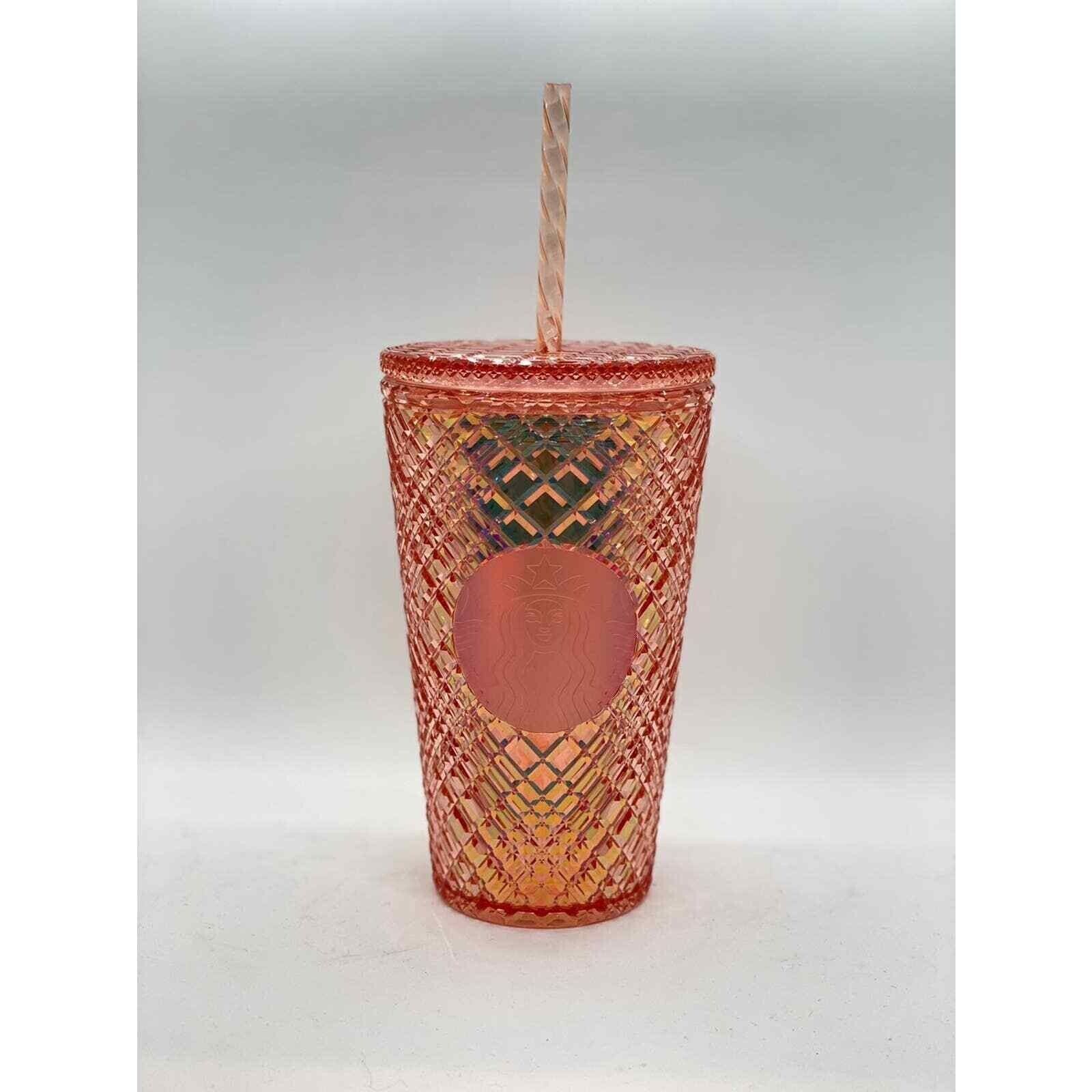Starbucks 2021 Tumbler Cup Rose Gold Pink Orange Jeweled Coffee Drink 16 oz Lid