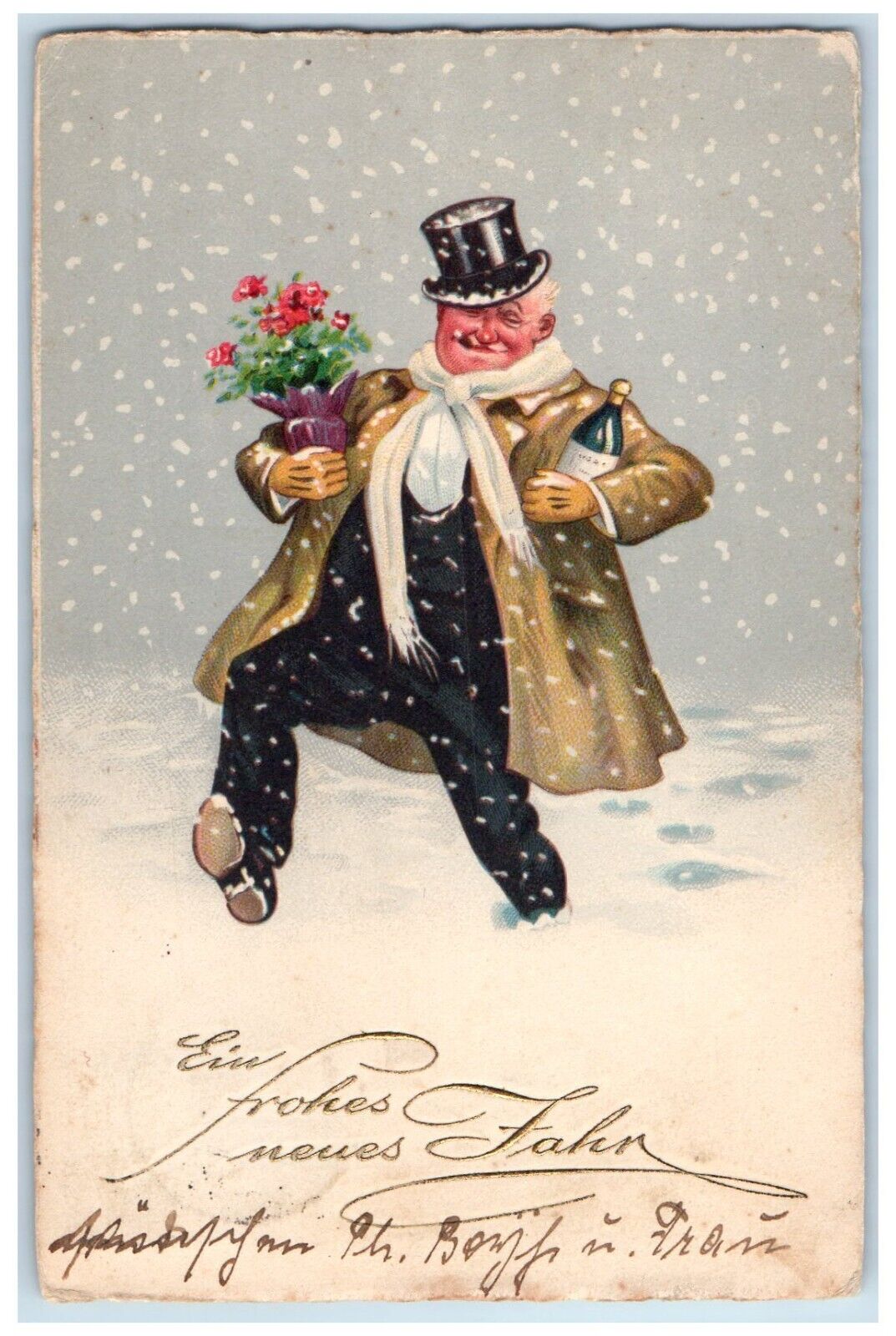 c1910's Old Man Drunk Wine Cigar Flowers Pot Snowfall Winter Antique Postcard