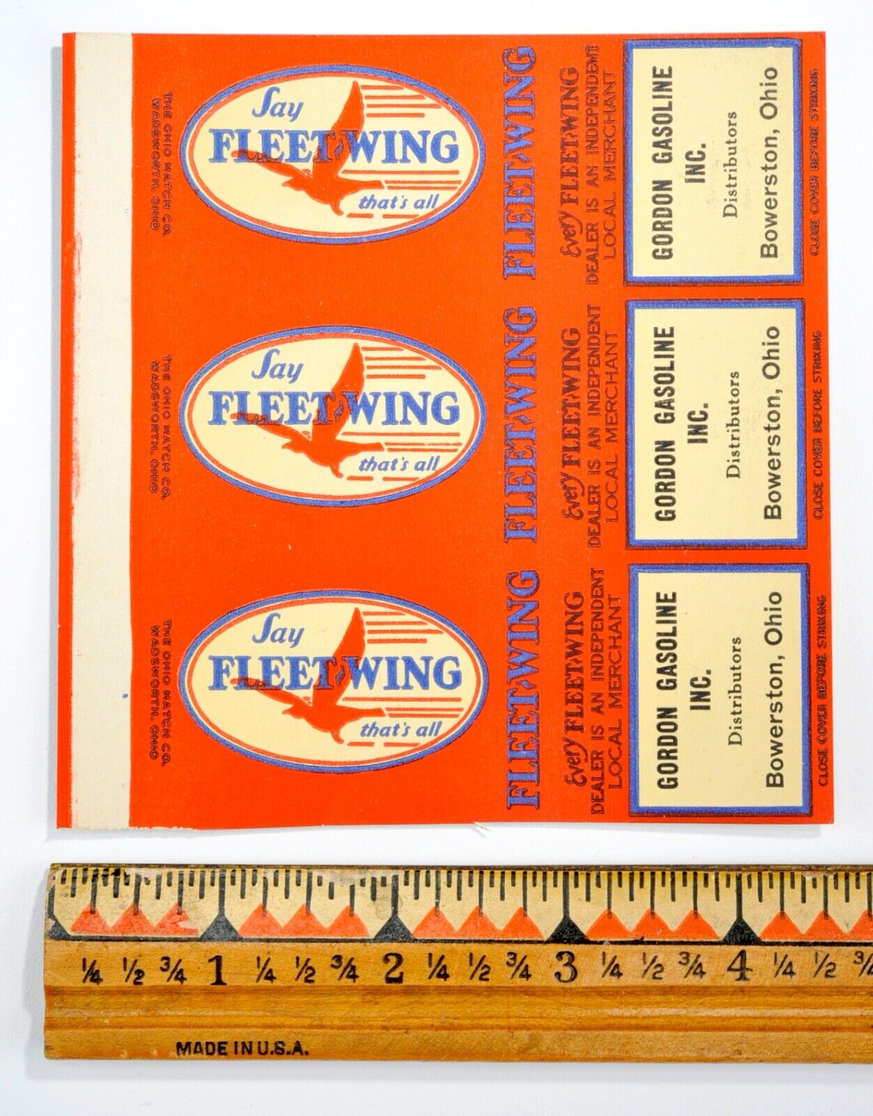 Vintage 1930's Say Fleet Wing Oil Advertising Matchbook Cover Bowerston, Ohio#20