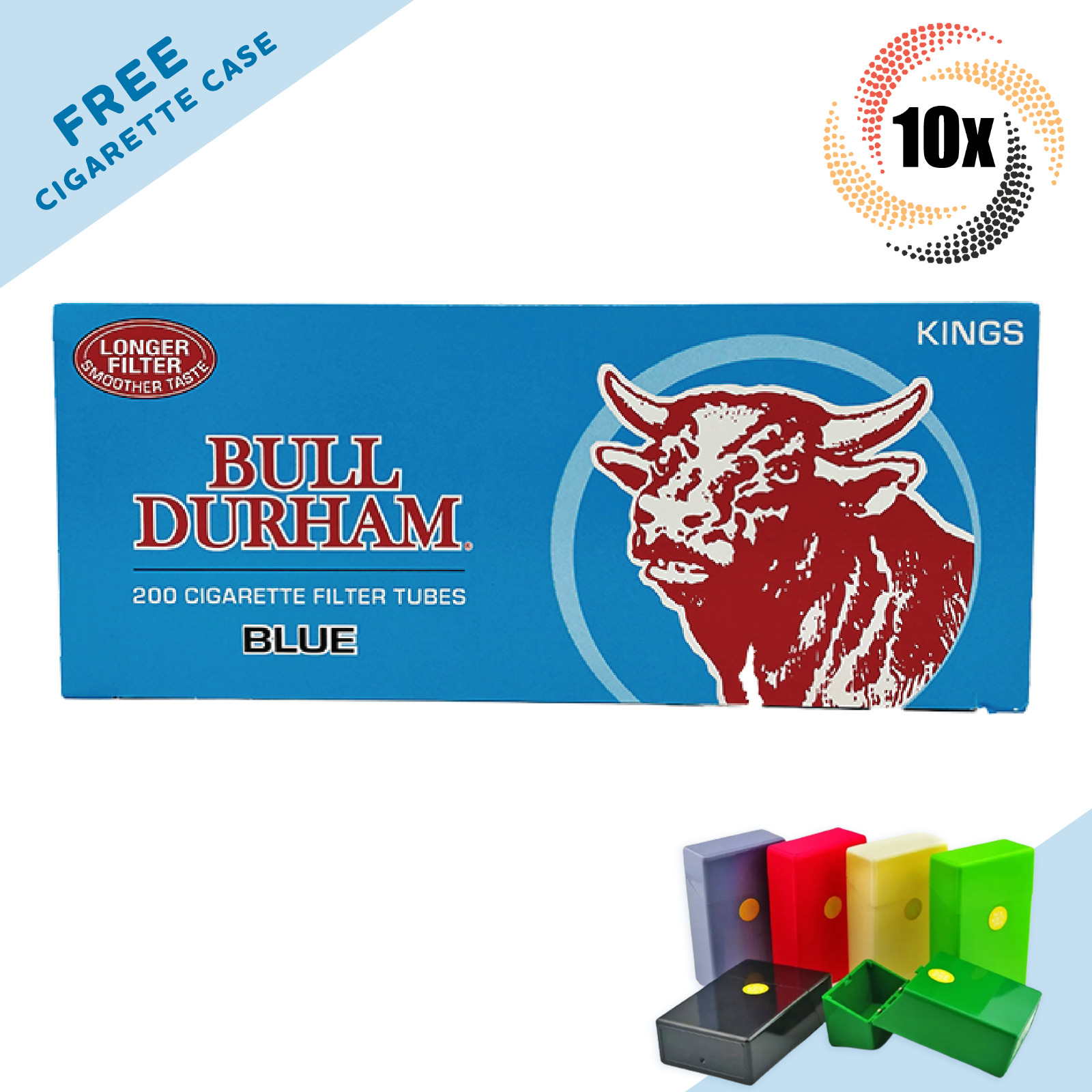 10x Boxes Bull Durham Blue Light King Size ( 2,000 Tubes ) Cigarette Tobacco RYO
