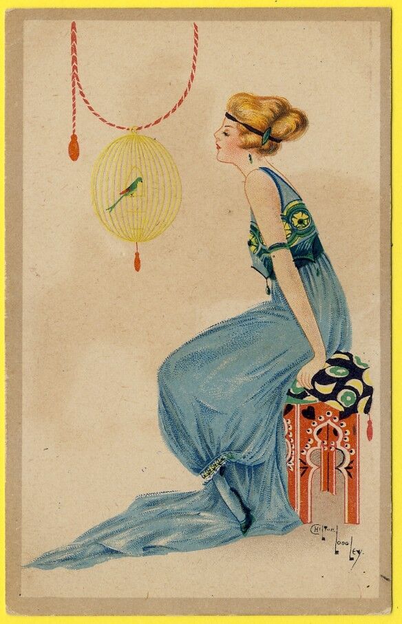 cpa POST CARD ILLUSTRATOR Signed CHILTON LONGLEY WOMAN BIRD Art Nouveau RARE