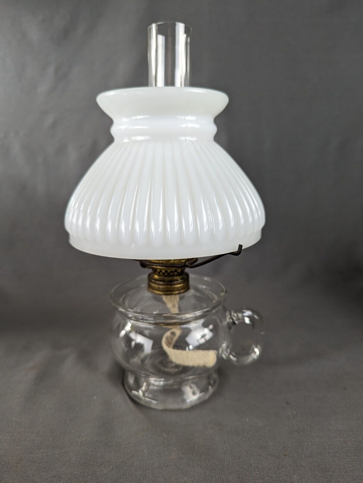 Antique EAPG Oil Lamp Milk Glass Shade Mini Plume & Atwood Burner Rough Pontil