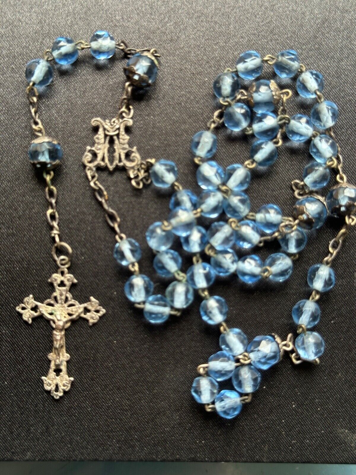Beautiful Antique Blue Faceted Glass beads Chapelet with silver Cross 29