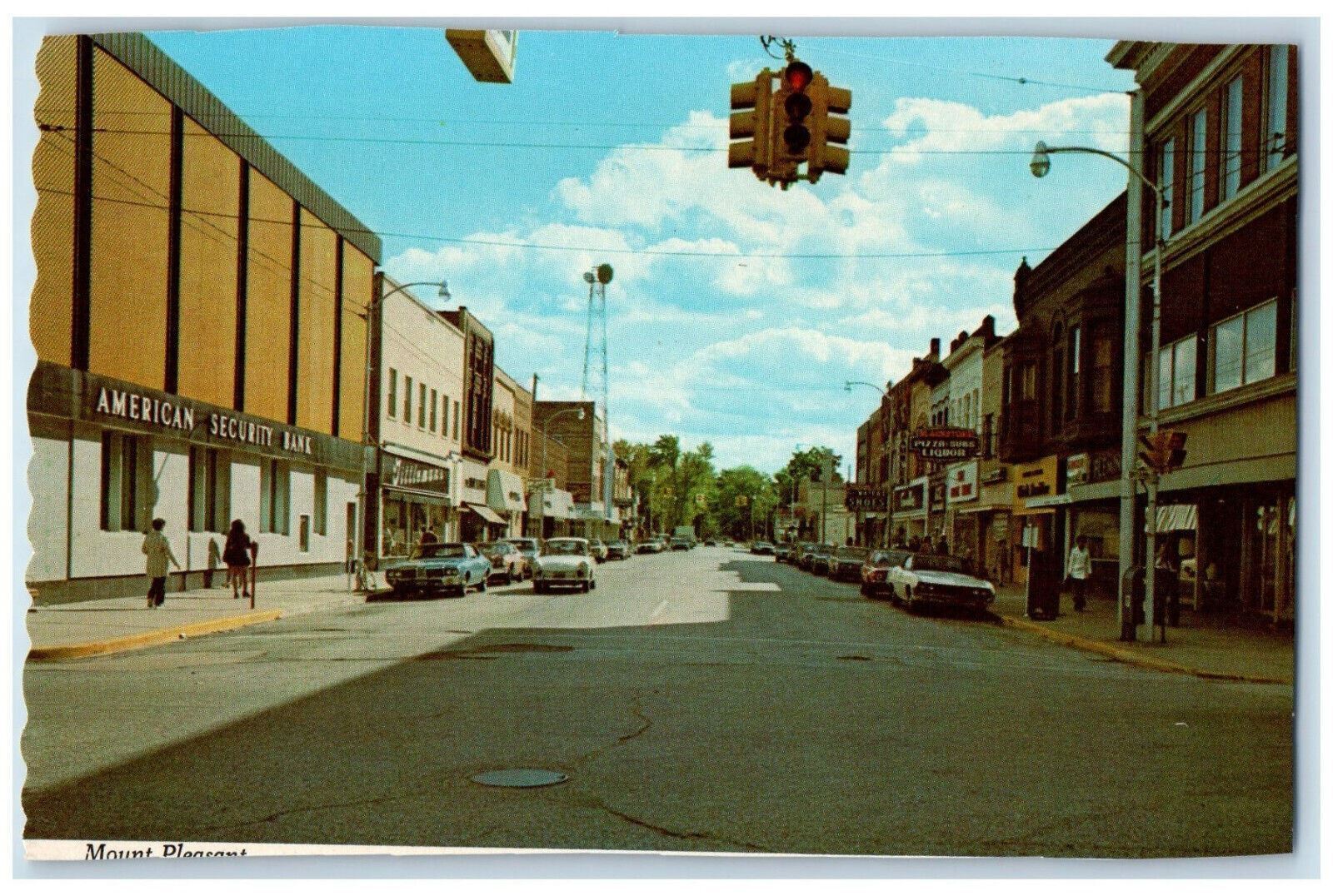 c1960\'s Shoes Pizza, American Security Bank, Main St. Mount Pleasant MI Postcard