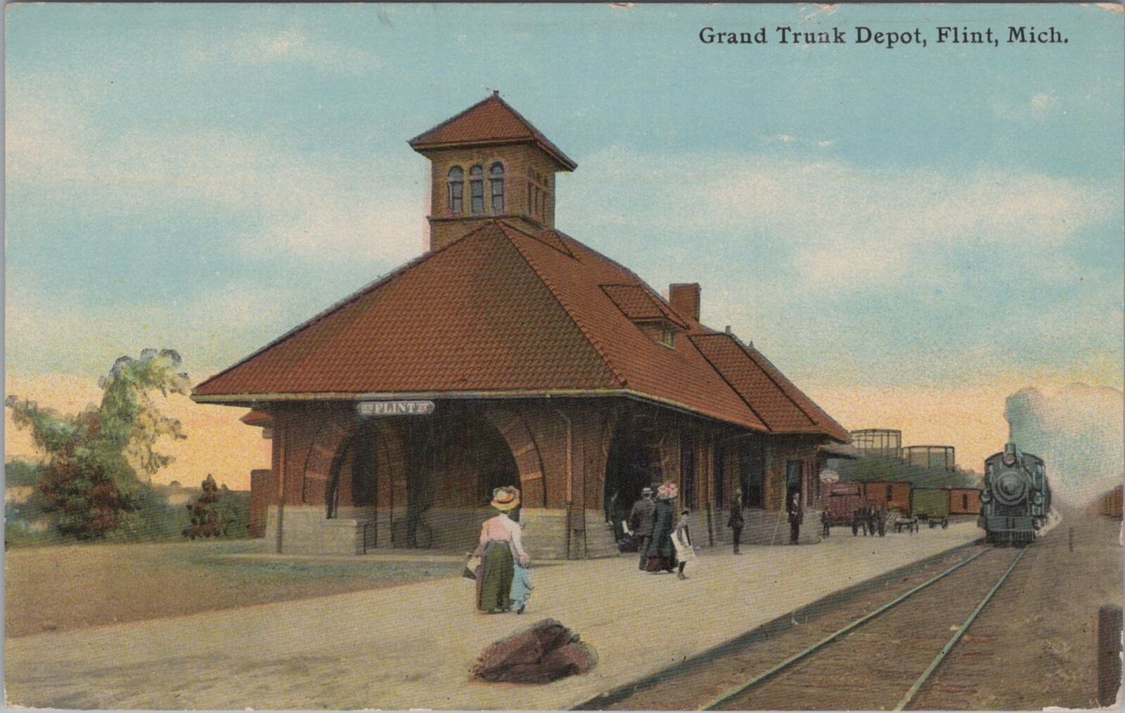 Train Approaching Grand Trunk Depot, Flint Michigan Unposted Postcard