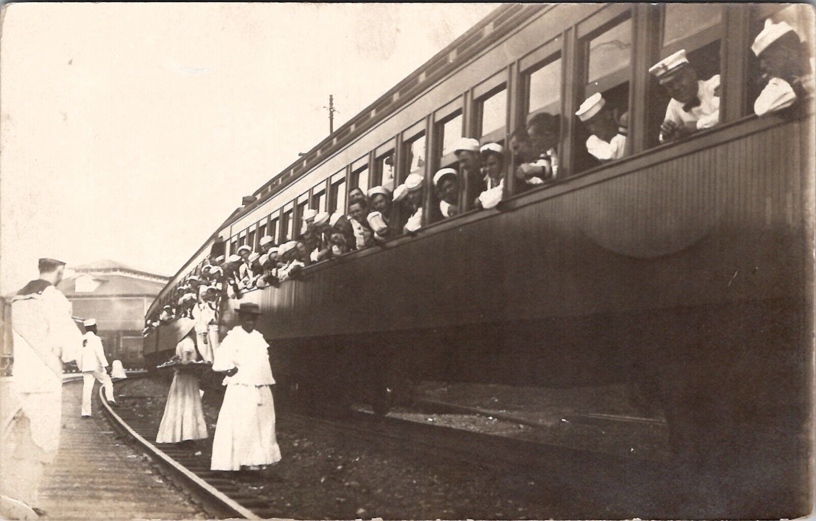RPPC Sailors on Train African American Woman Posing for Photo c1915 Postcard Y9