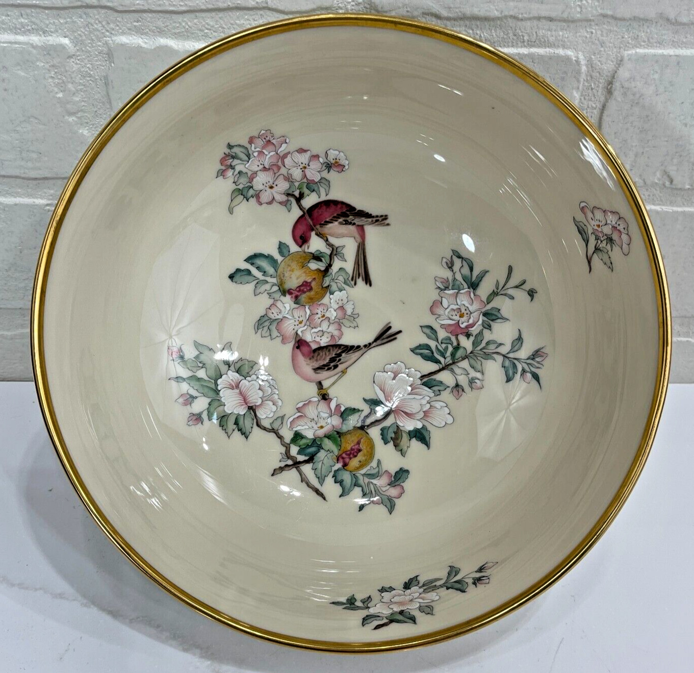 Vintage Lenox Serenade Made In America Gold Trim Floral Red Bird Serving Bowl