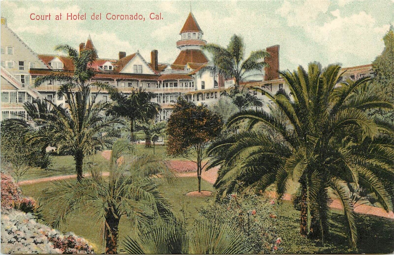 c1907 Chromolithograph Postcard Palm Court at Hotel del Coronado CA San Diego 