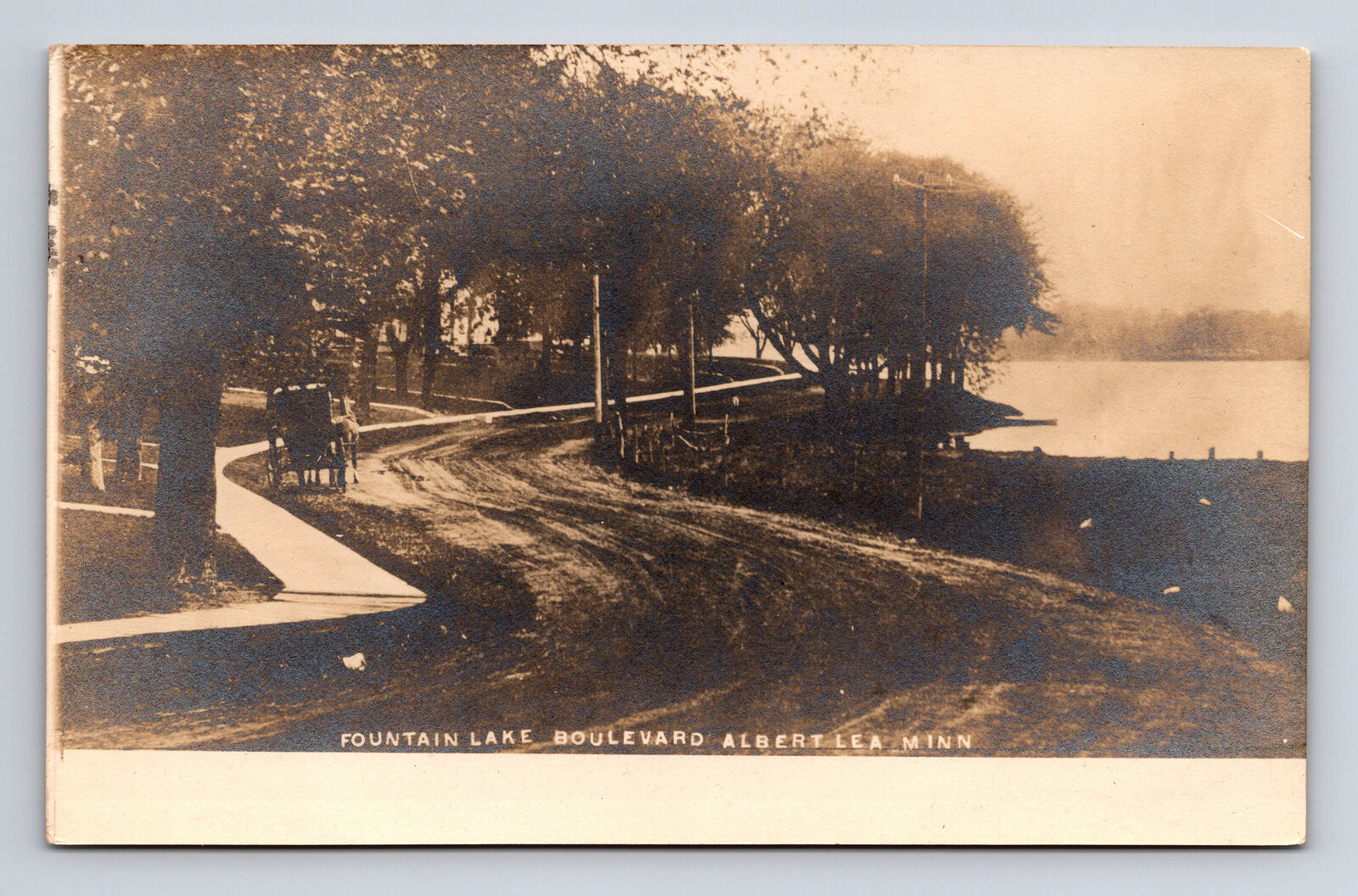 RPPC Fountain Lake Boulevard Horse Carriage Albert Lea Minnesota MN Postcard