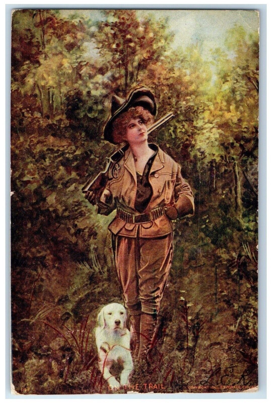 1906 Woman Hunting On The Trail With Dog Oak Park Illinois IL Antique Postcard