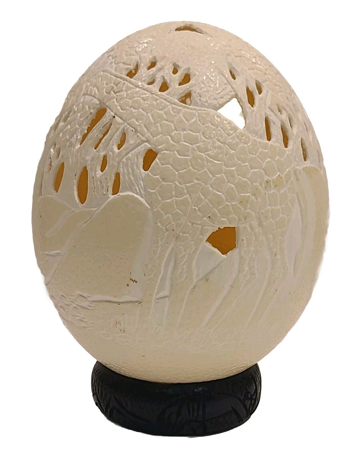 Hand-Carved Signed Ostrich Egg Safari Giraffes African & Wooden Stand