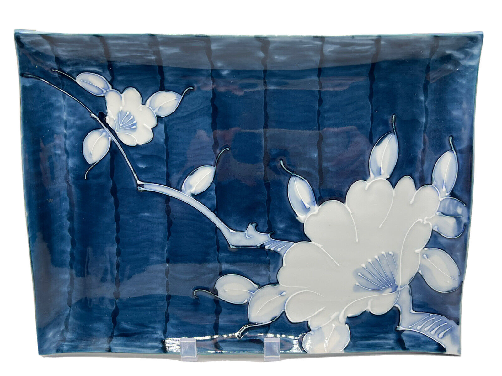 Vintage FF Japan Blue Ceramic Tray Platter Dish 13x9 White Flower No Chips