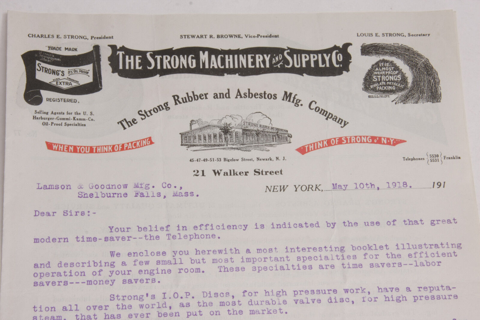 1918 Lamson Goodnow Strong Machinery Supply Rubber Asbestos NYC - Ephemera L97K