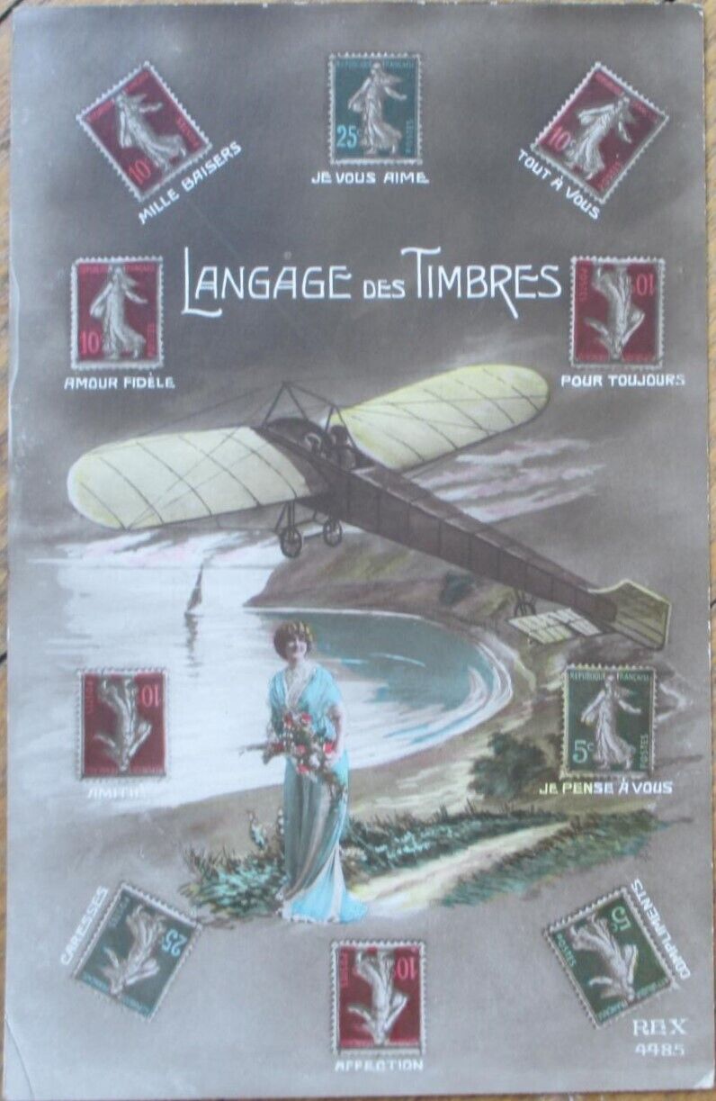 Fantasy Aviation 1915 Language of Stamps French Postcard, Rppc Bleriot Airplane