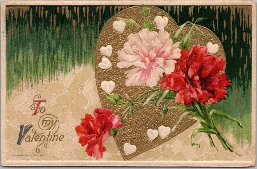 WINSCH VALENTINE'S DAY Postcard Pink & Red Flowers / Gold Heart - 1911 Cancel