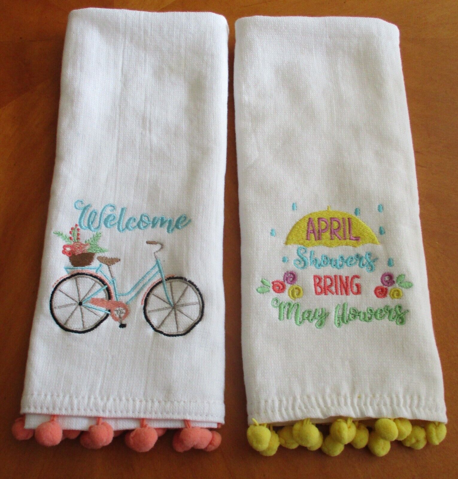 lot of 2 Spring Kitchen towels embroidered Pom Pom trim border