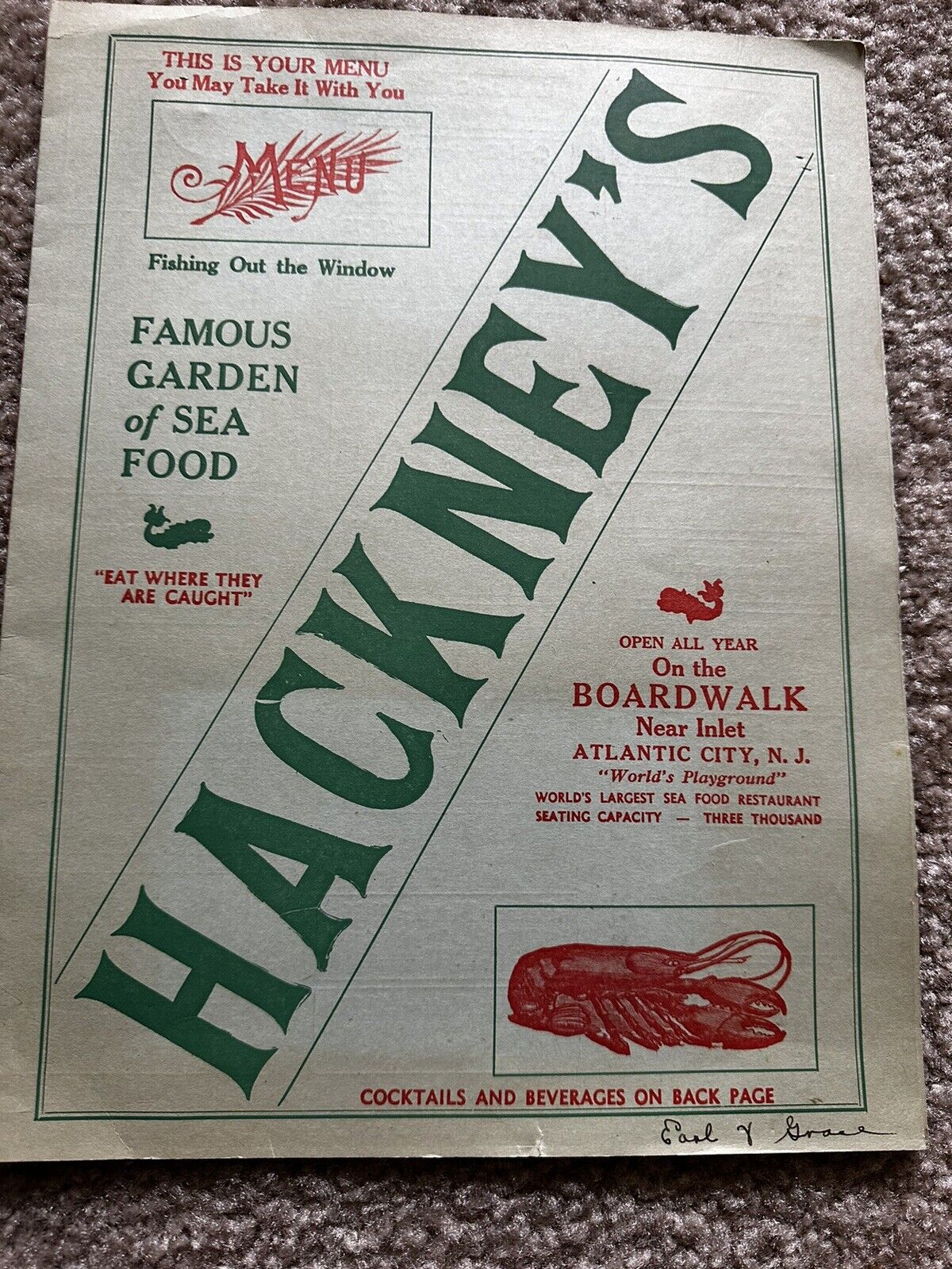 Vintage c. 1950s Hackney’s Restaurant Menu Atlantic City Historic Restaurant