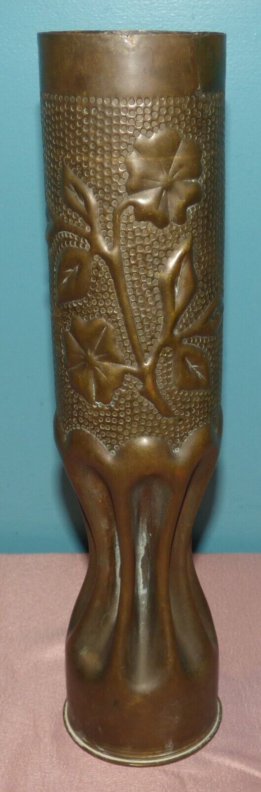 WWI Trench Art Brass Shell Casing Vase Flower Pattern Design 13 1/2
