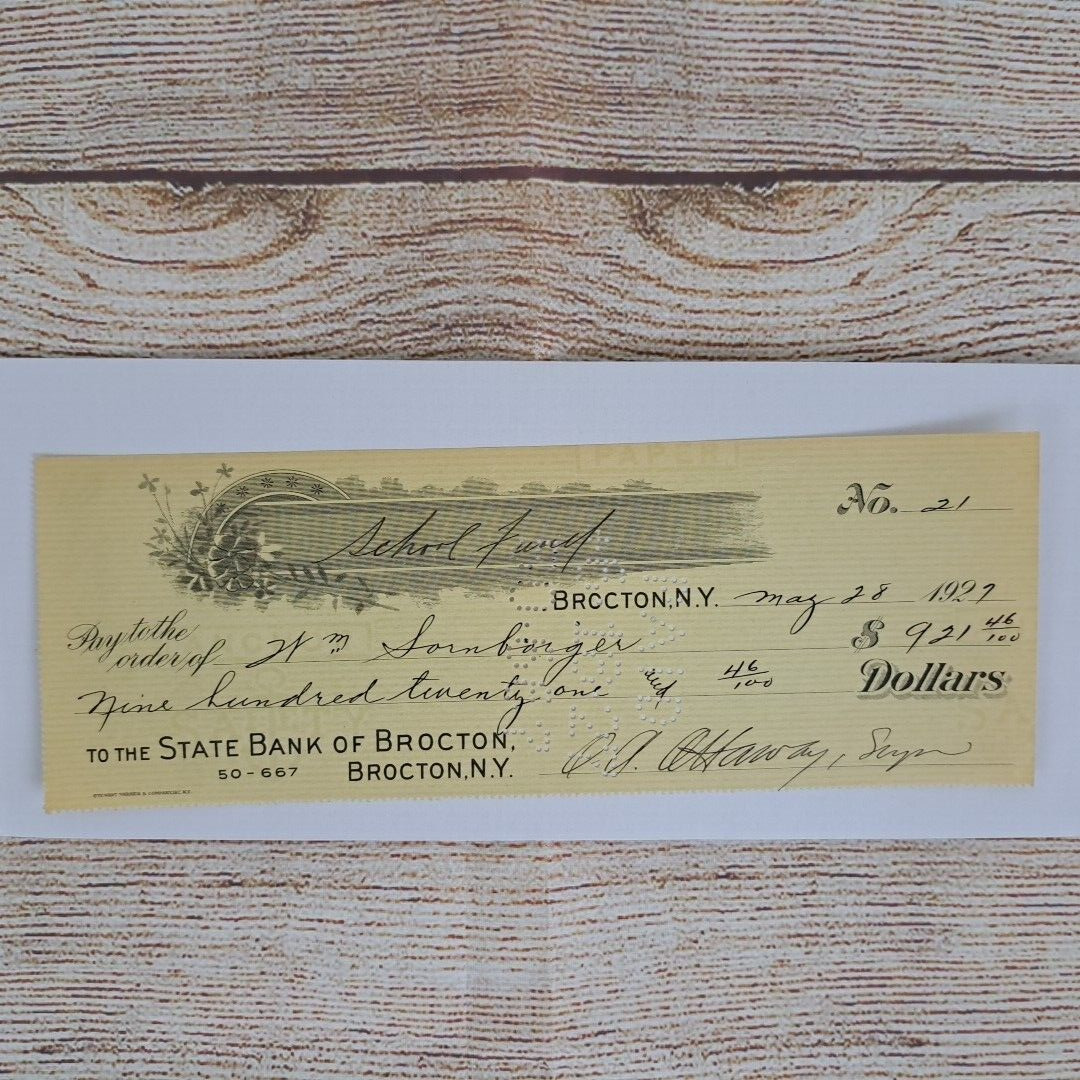 Antique Cancelled Check 1927 State Bank of Brocton School Fund Wm Sornberger