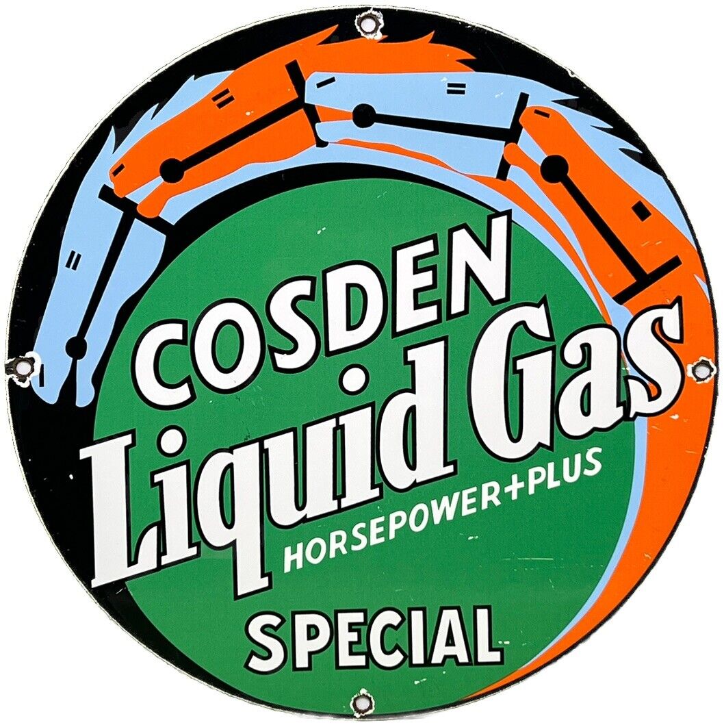 VINTAGE COSDEN GASOLINE PORCELAIN SIGN MOTOR OIL GAS STATION PUMP PLATE HORSES