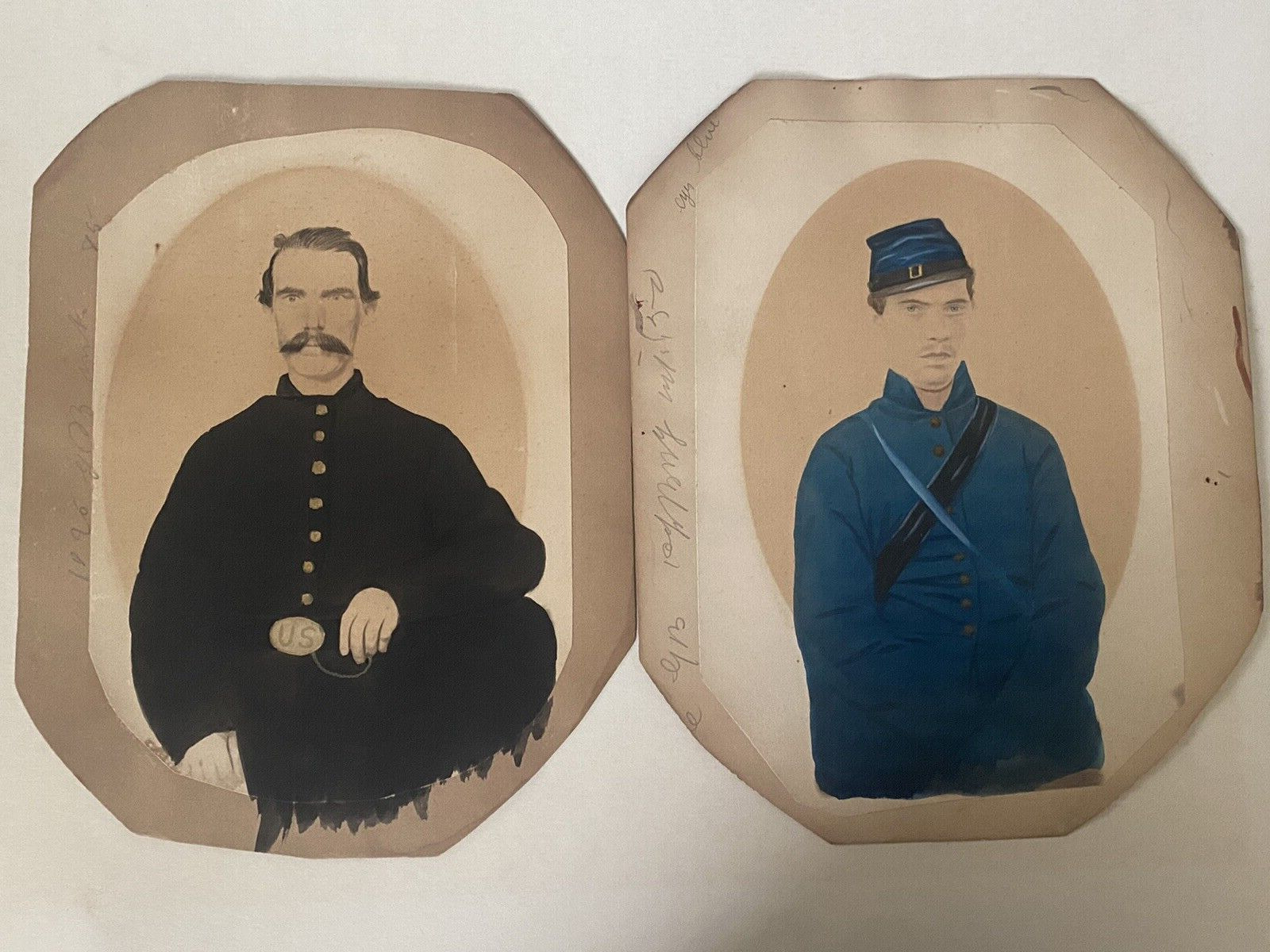 Antique Civil War Portrait Painting Pair Union Soldiers Small Watercolor Paper