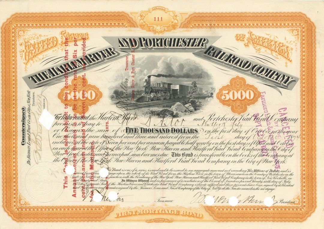 William B. Astor - Harlem River and Portchester Railroad - $5,000 Bond - Autogra