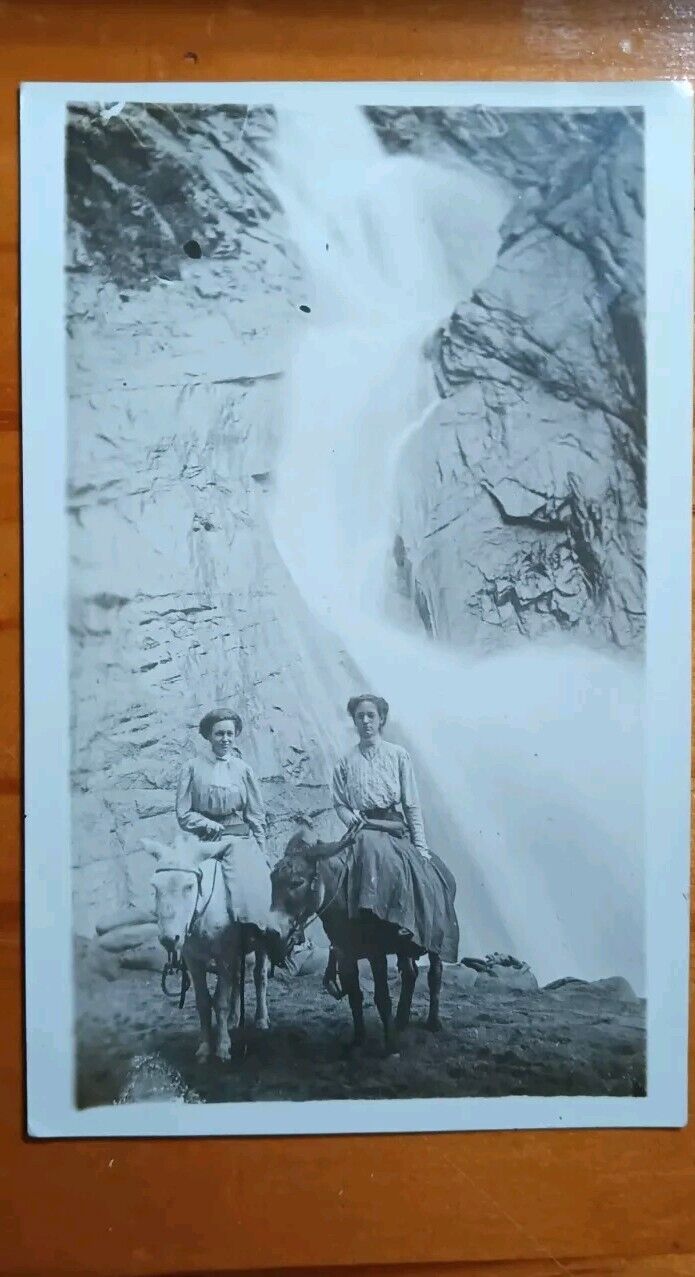 c1909 RPPC Seven Falls and South Cheyenne Canon Colorado Springs Women On Mules
