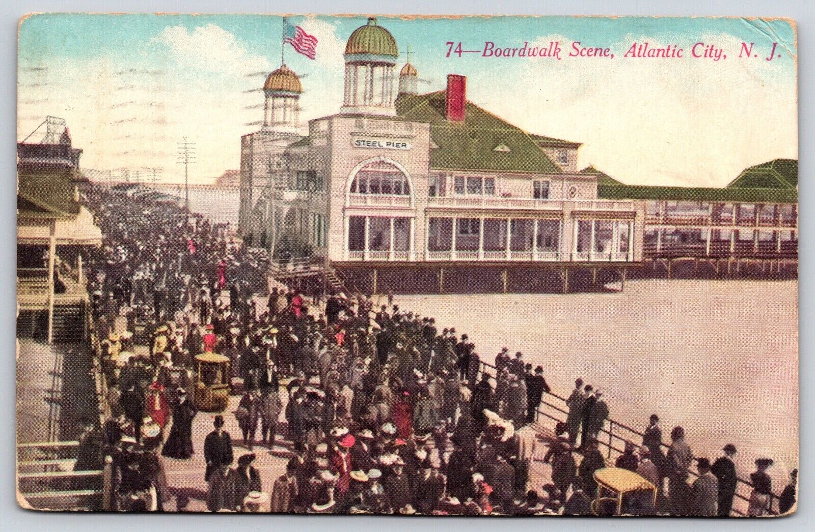 Boardwalk Scene, Atlantic City, New Jersey Antique 1911 Vintage Postcard
