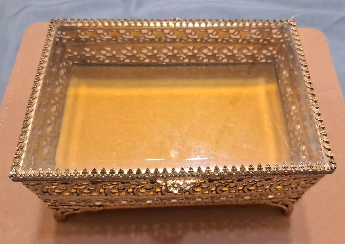 Vintage Footed Jewelry Box Filigree Brass And Glass Top With Yellow Velvet Lined