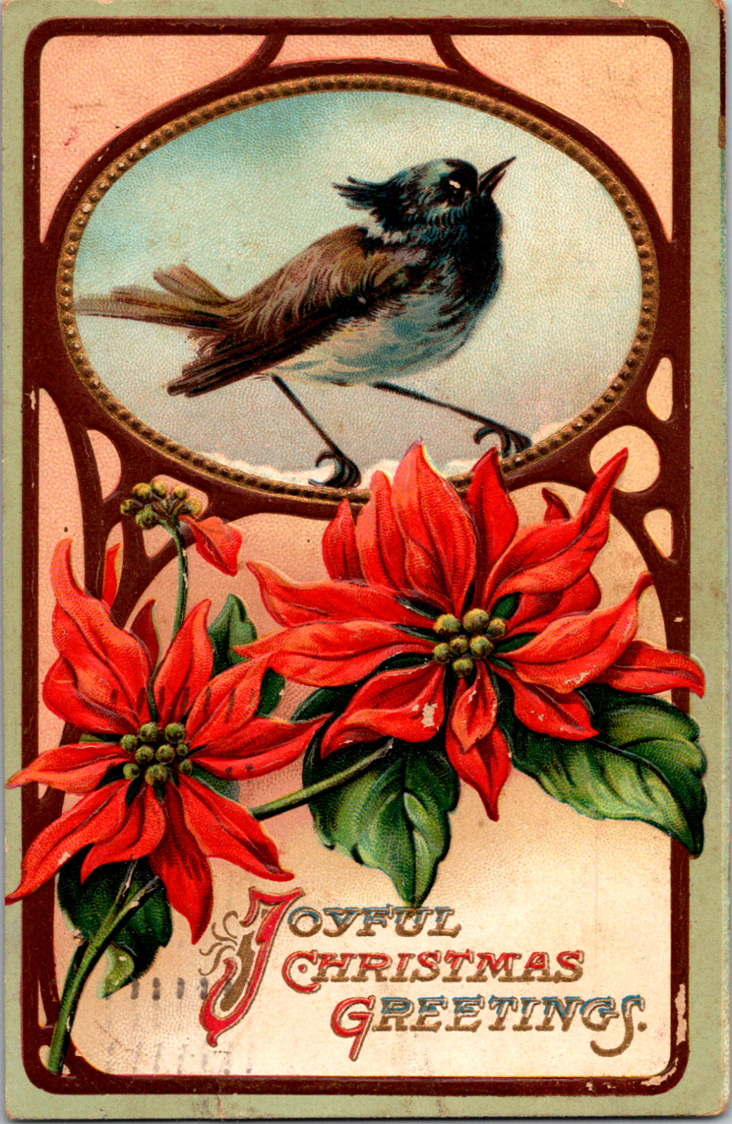 Vintage 1910 Joyful Christmas Greetings Singing Bird Red Poinsettia Postcard CT