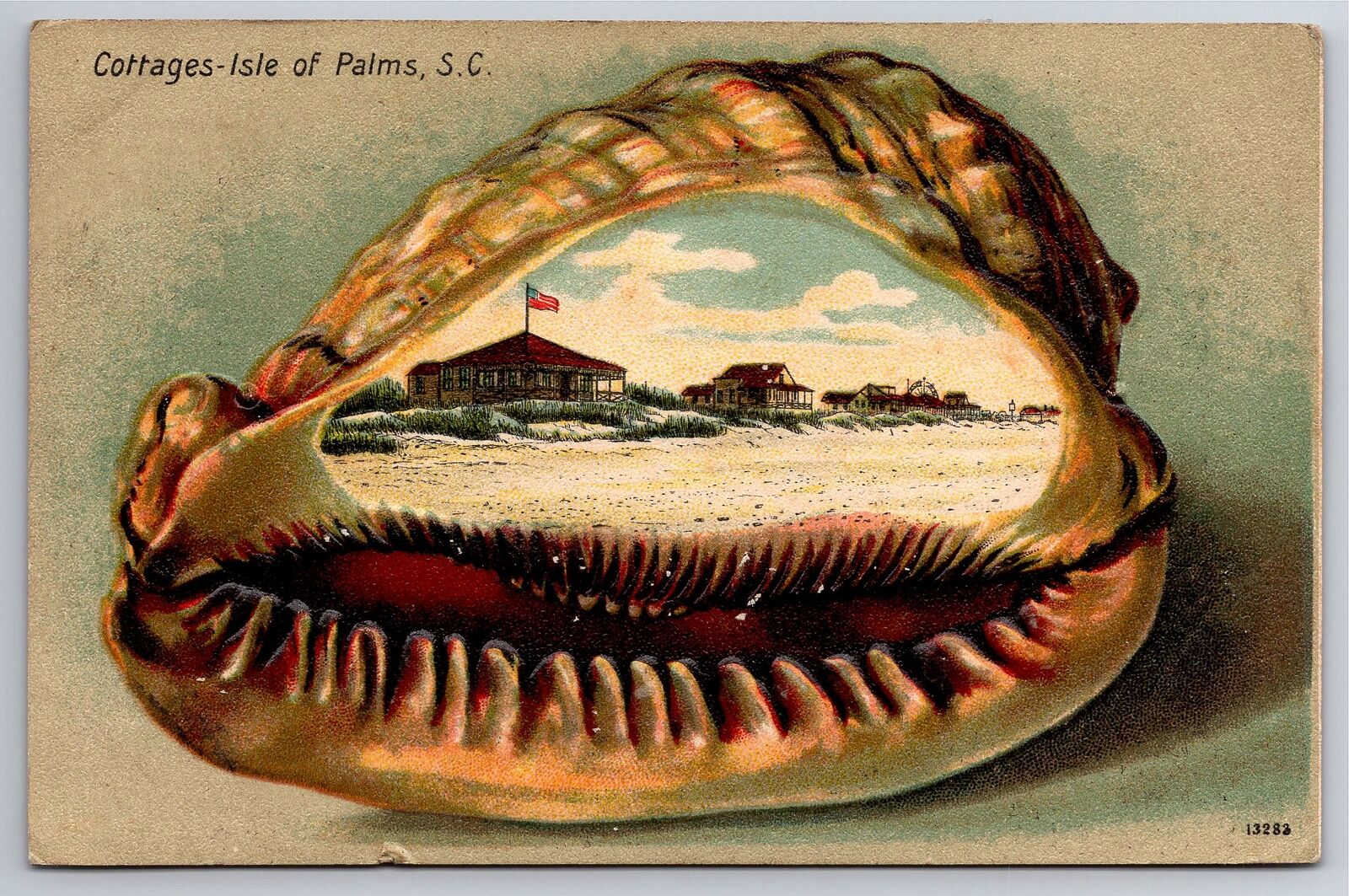 Postcard Isle of Palms SC Beach Cottages Clam Shell Embossed View