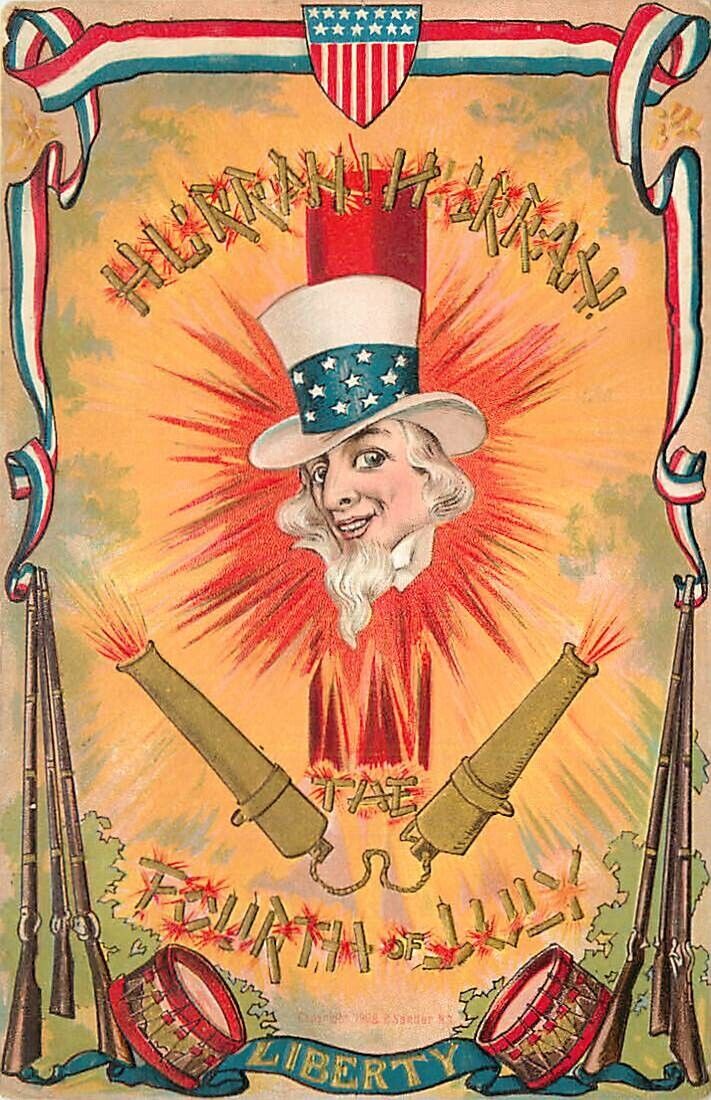 Embossed Patriotic July 4th Postcard Uncle Sam, Firecracker & Canons - used 1910