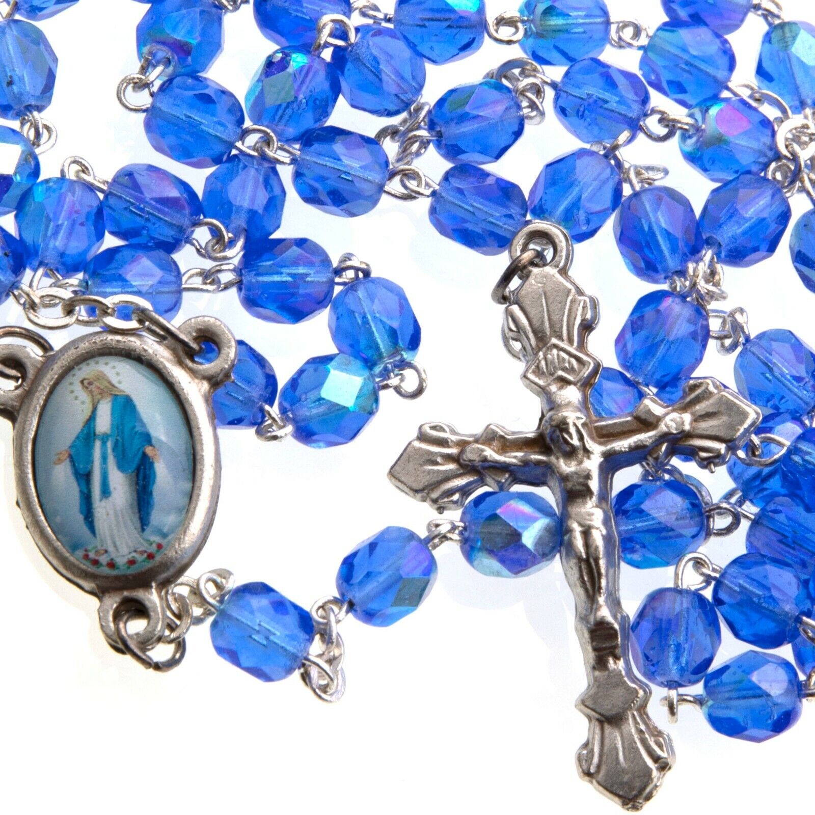 Women's Miraculous Medal Catholic Rosary Beads Blue Glass Beads Divine Mercy