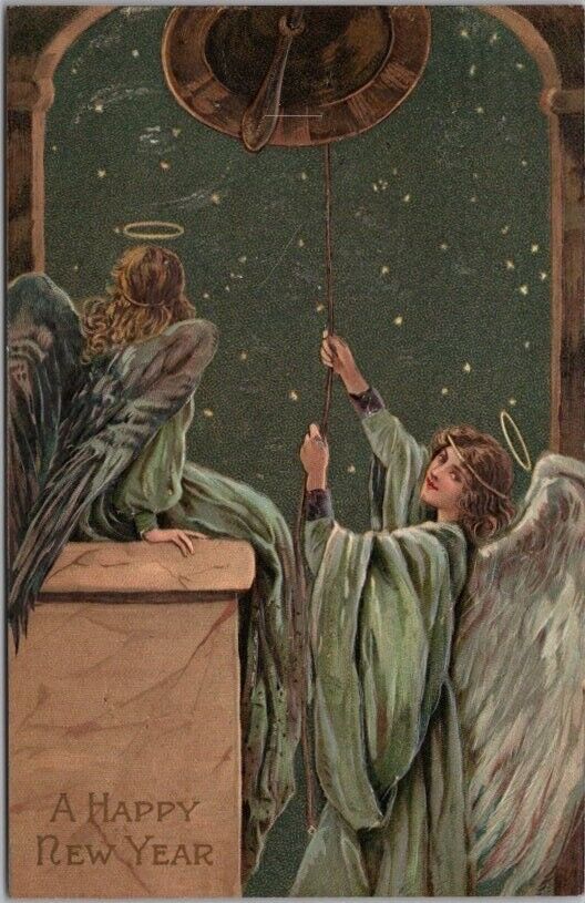 HAPPY NEW YEAR Embossed Greetings Postcard Angel Ringing Church Bell 1912 Cancel