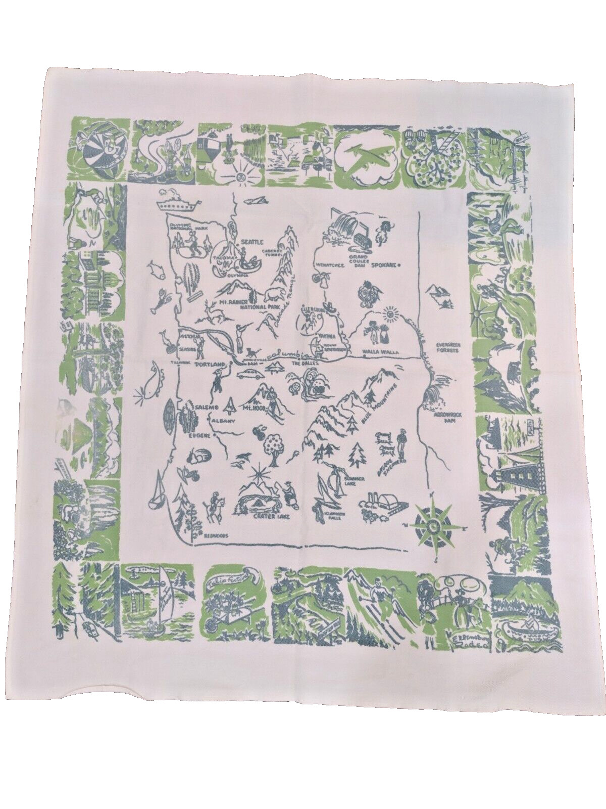 Pacific Northwest Oregon & Washington State Map Souvenir Tablecloth Vintage