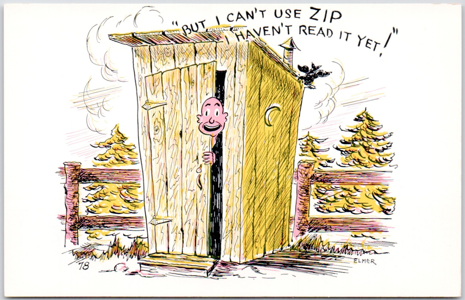 Elmer Anderson Comic Humor Drawing 1951 Outhouse Zip Funny #78 Vintage Postcard