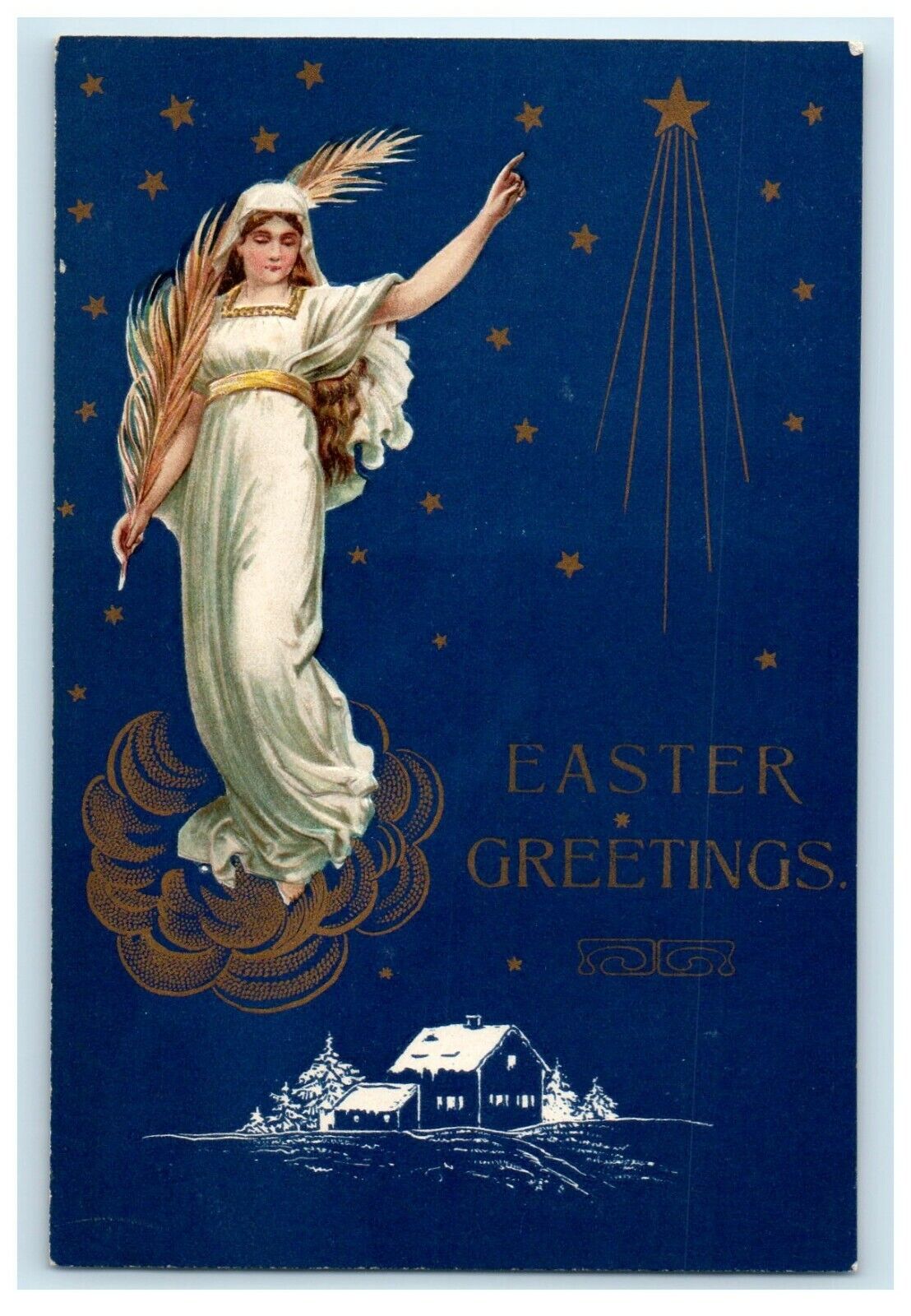 c1910's Easter Greeting Mary Palm Sunday Gold Stars Home Trees Germany Postcard