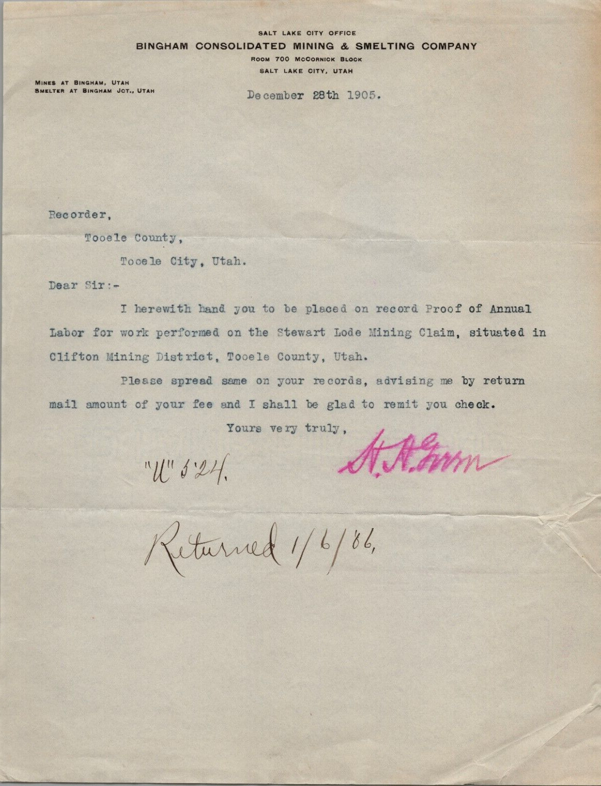 Bingham Consolidated Mining Letter Regarding Stewart Lode Claim Labor 1905