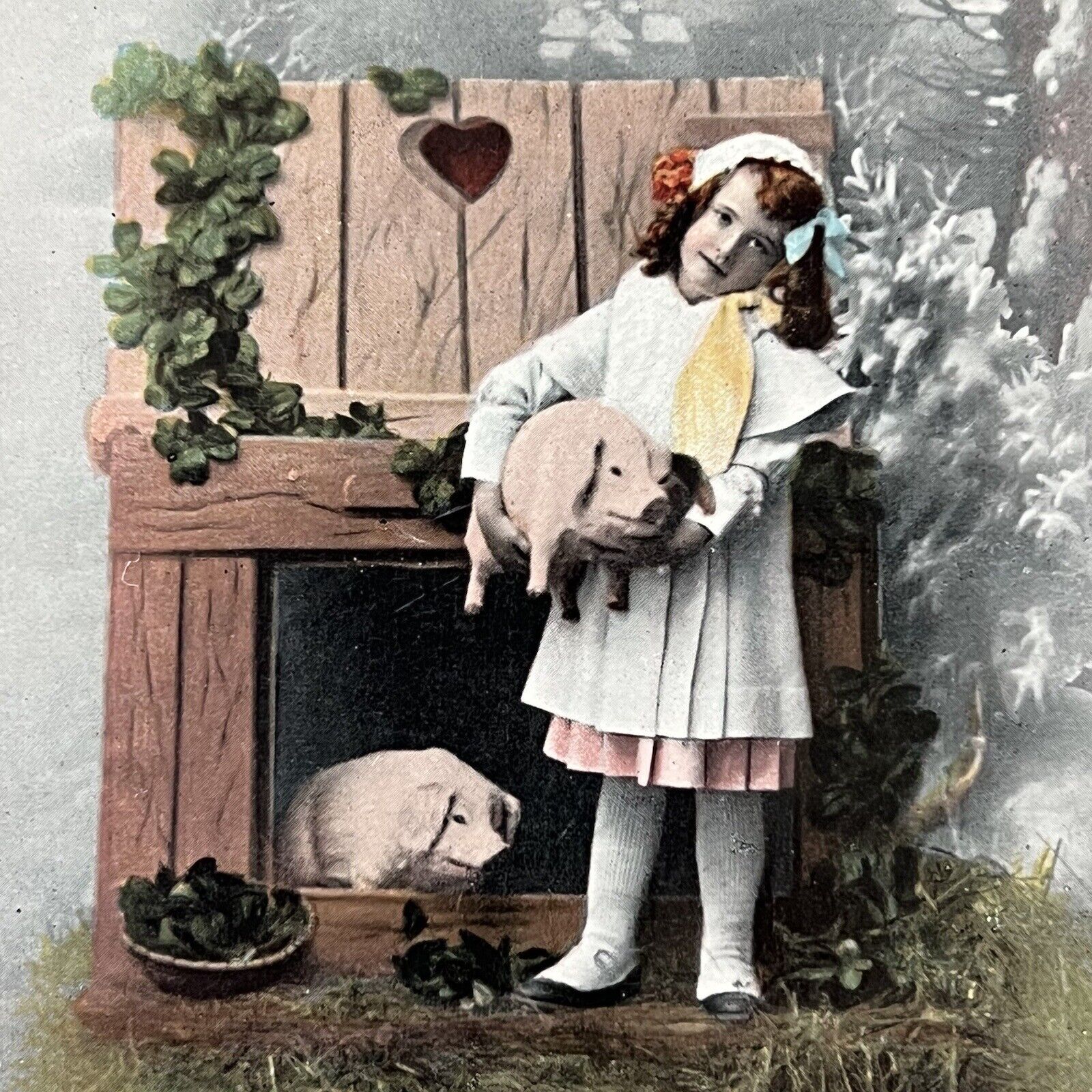 Antique Postcard Adorable Sweet Little Girl With Piglet Pig Merry Christmas