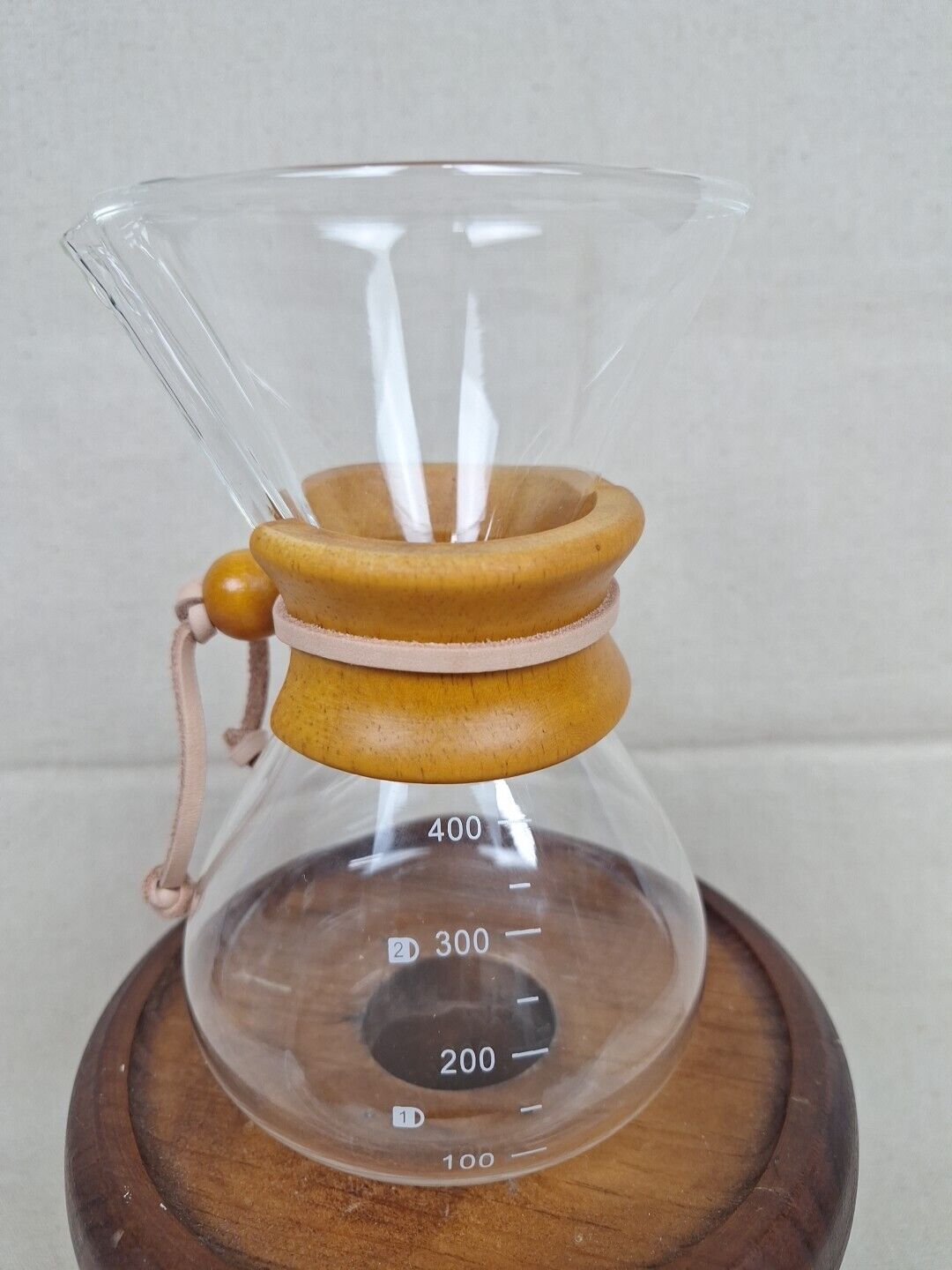 Chemex-style 3 Cup 400ml Clear Glass Carafe Drip Coffee Maker w/ Wood & Rawhide 