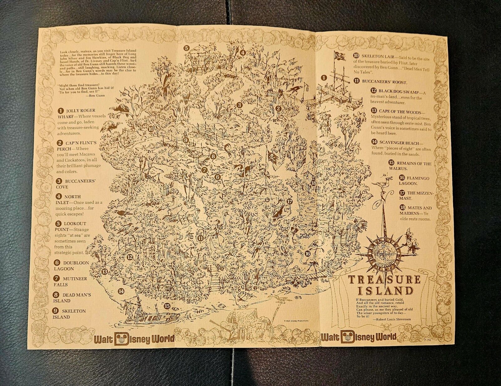 Vintage Walt Disney World Original Treasure Island Map from July 1974 VHTF
