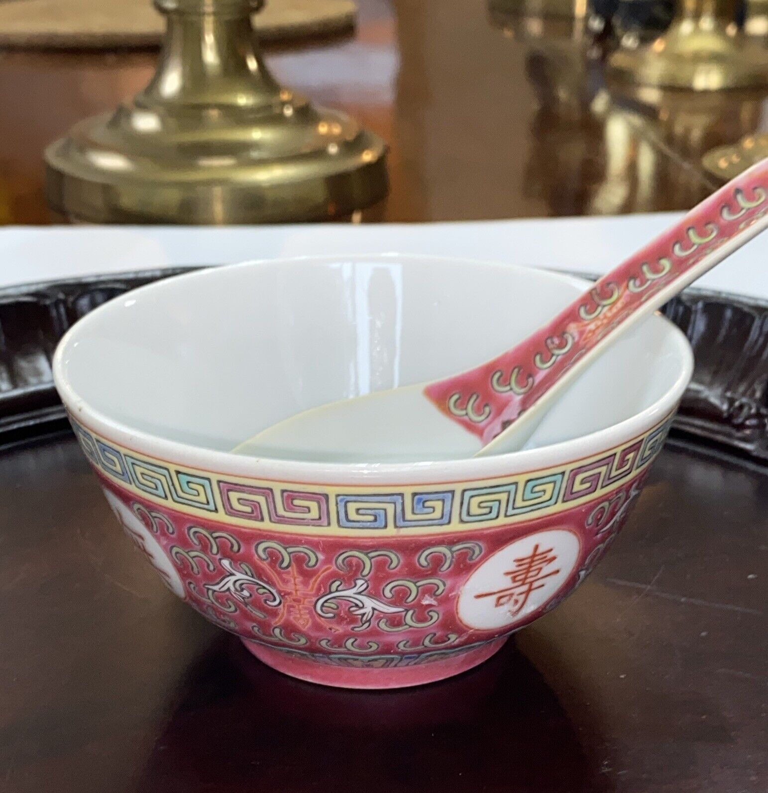 Vintage Chinese Rice Bowl with Spoon Hand Painted Red Stamped
