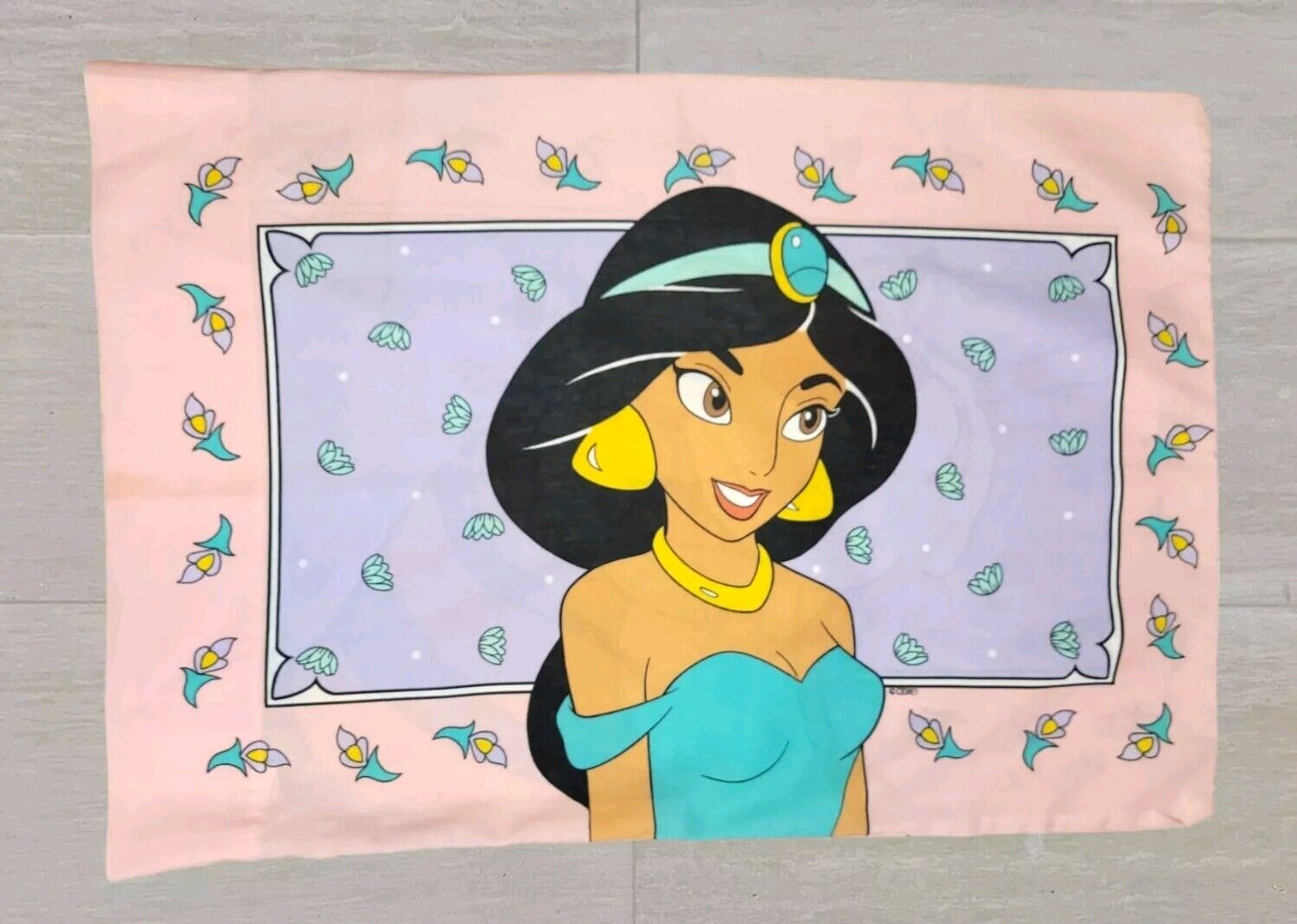 Vtg 90s Aladdin Jasmine Rajah Pillowcase Pink Disney Double Sided Floral Graphic