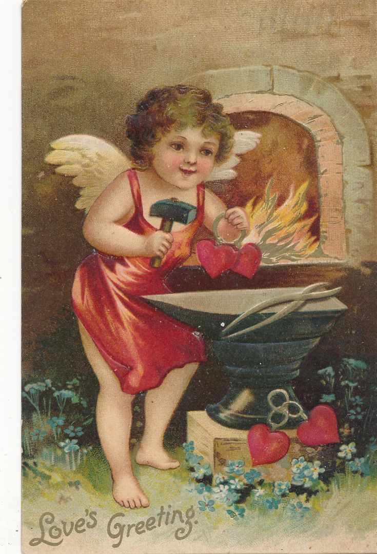VALENTINE'S DAY - Cupid Forging Two Hearts On A Ring Love's Greeting Postcard