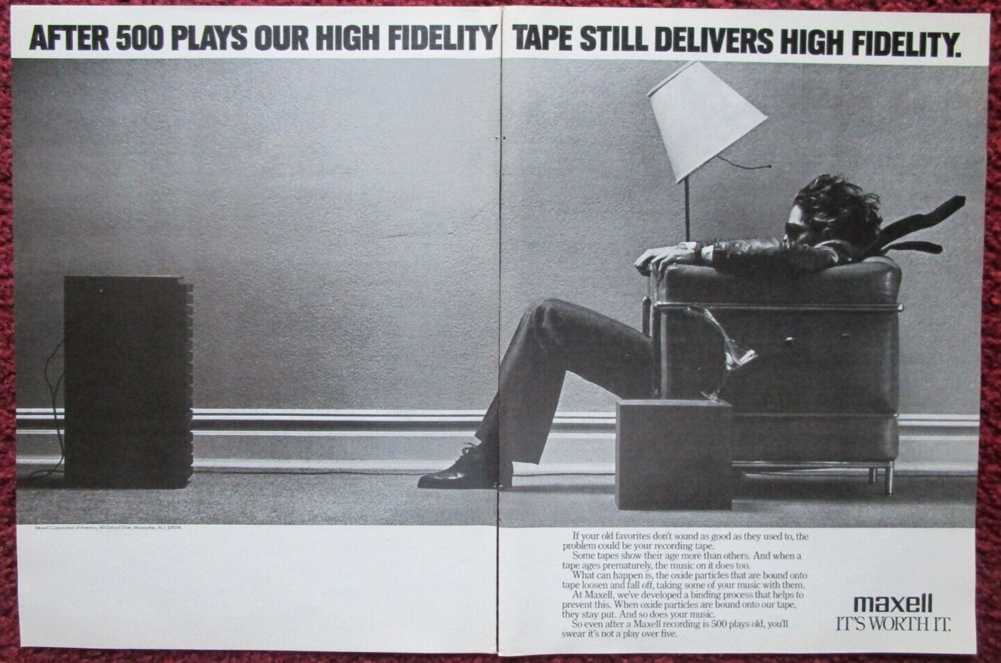 1980 MAXELL Audio Tape Magazine Print Ad Clipping ~ BLOWN AWAY Living Room Man