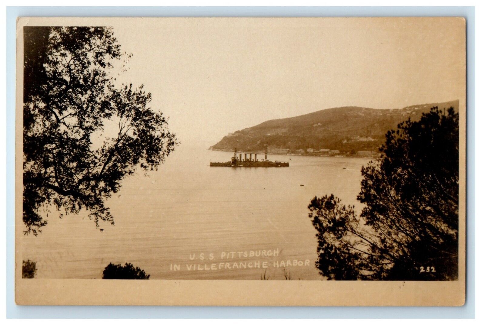 c1920's USS Pittsburgh Steamer Villefranche Harbor France RPPC Photo Postcard