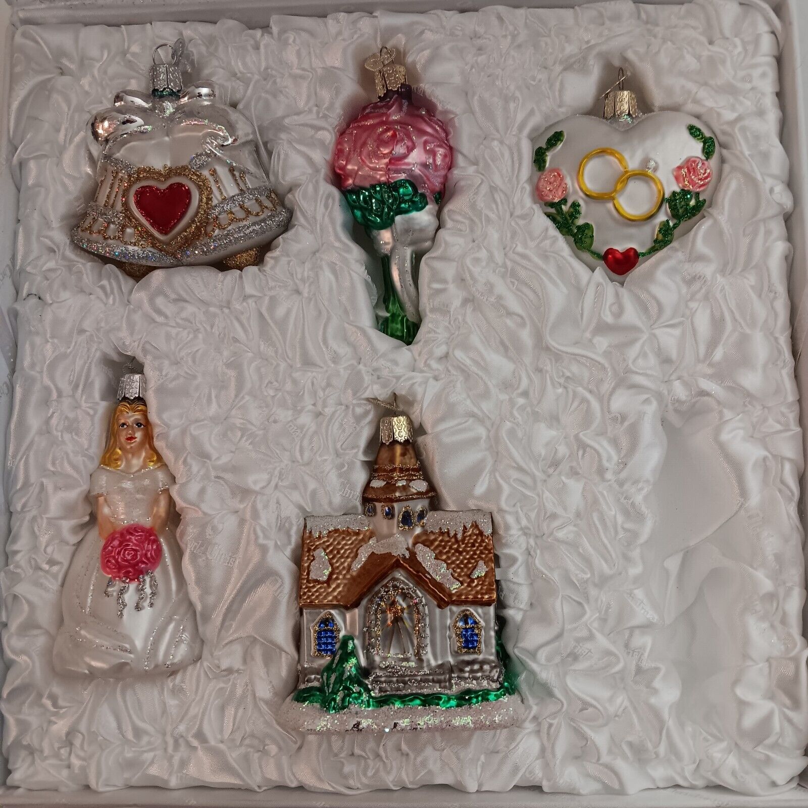 Old World Christmas WEDDING / Bridal ORNAMENTS (5) Piece Set - Blown Glass