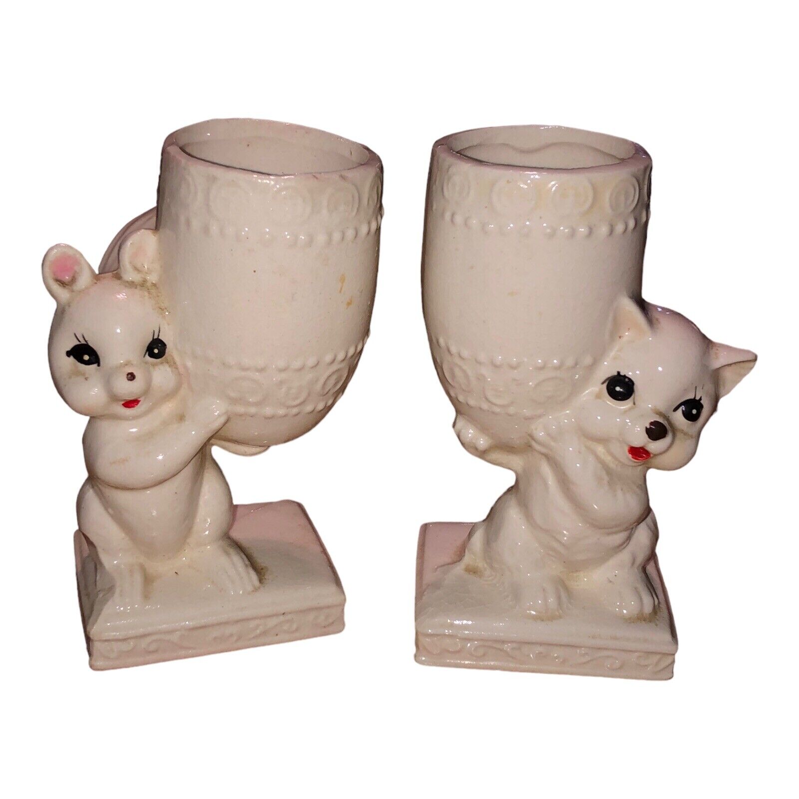 Vintage Squirrel & Rare Kitten Holding Egg Toothpick Pin Holders