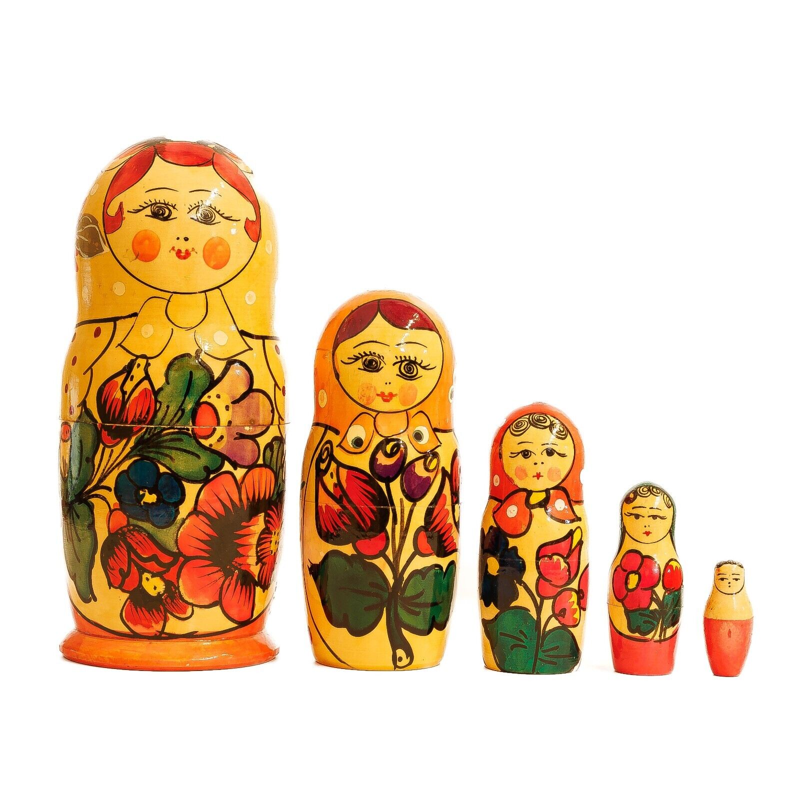 Set of 5 Russian Matryoshka Nesting Dolls Hand Painted Wood