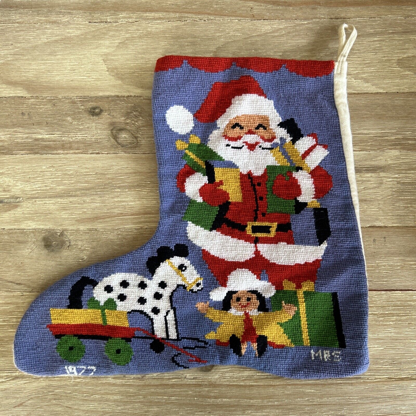 Vintage 70s Needlepoint Christmas Stocking Santa 1977 14”